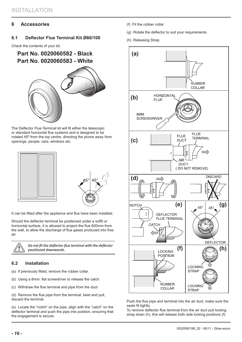 Installation, A) (b) (c) (d) (e) (f) (g) (h), 6 accessories | 2 installation, Check the contents of your kit | Glow-worm Flue User Manual | Page 16 / 28