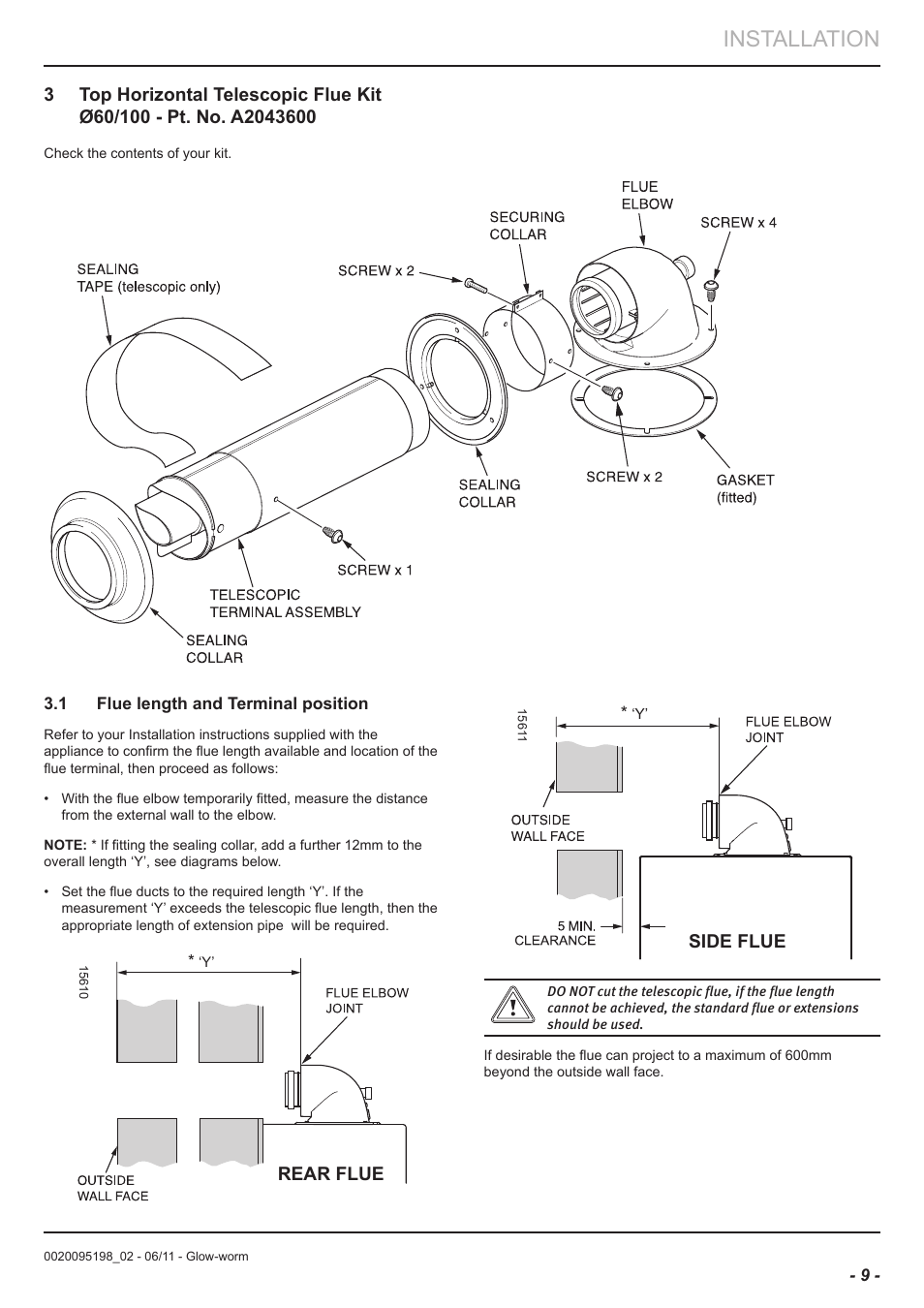 Installation, Rear flue, Side flue | Glow-worm Flue User Manual | Page 9 / 28