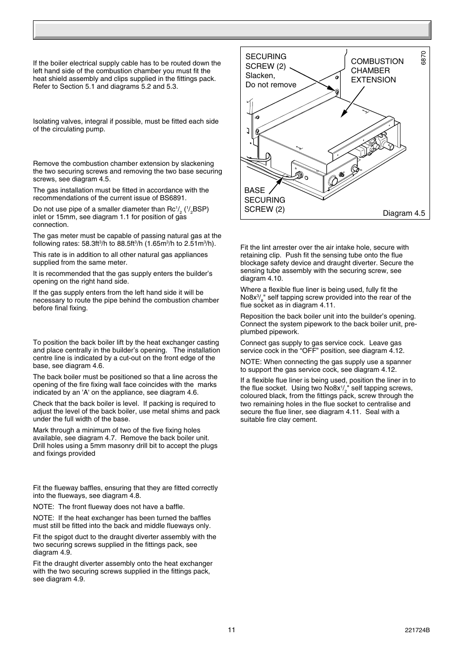 4 installation, 5 heat shield assembly, 6 circulating pump | 7 gas supply, 8 positioning the back boiler, 8 positioning the back boiler - continued | Glow-worm 56/3 Back Boiler User Manual | Page 11 / 28