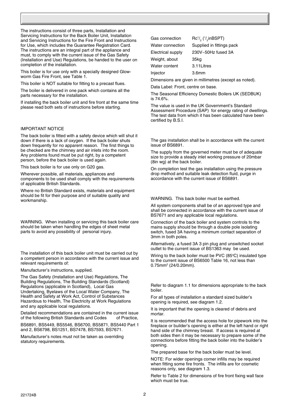 1 general | Glow-worm 56/3 Back Boiler User Manual | Page 2 / 28