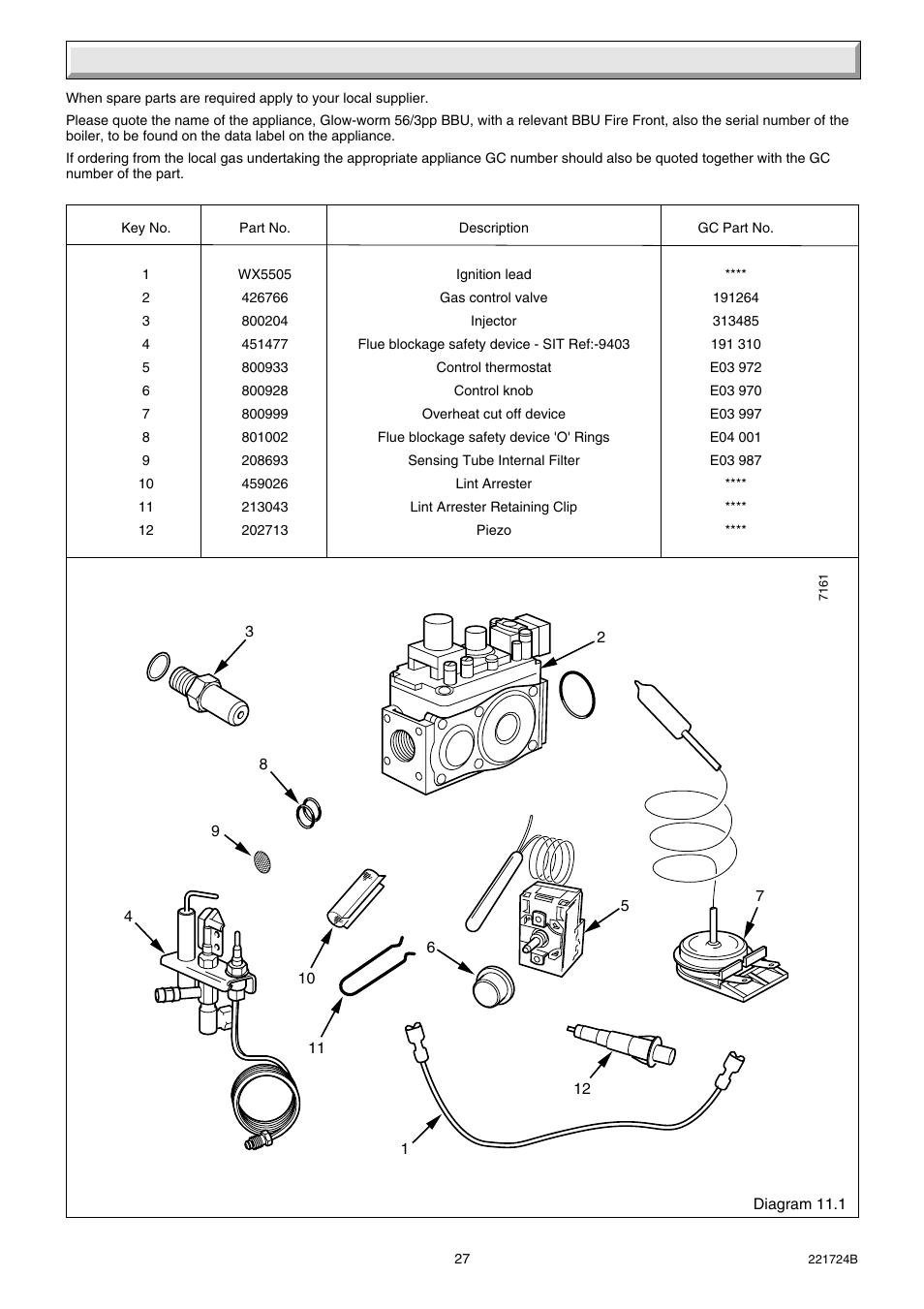 11 spare parts | Glow-worm 56/3 Back Boiler User Manual | Page 27 / 28