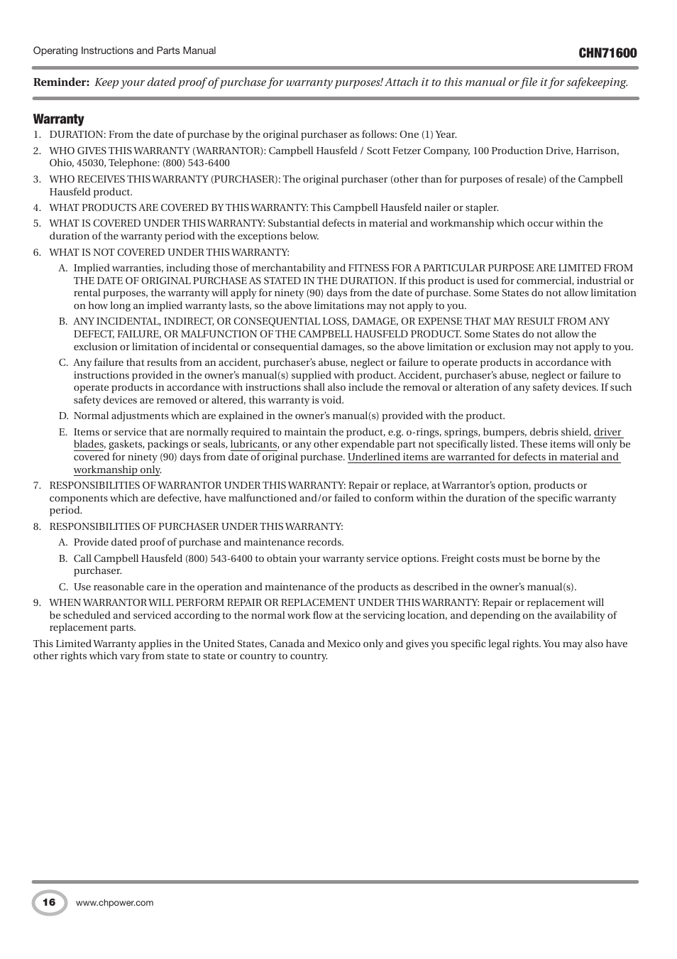 Warranty | Campbell Hausfeld IN729800AV User Manual | Page 16 / 48