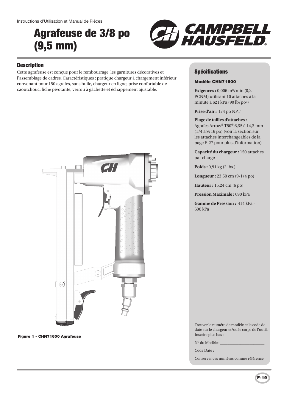 Agrafeuse de 3/8 po (9,5 mm), Spécifications, Description | Campbell Hausfeld IN729800AV User Manual | Page 19 / 48