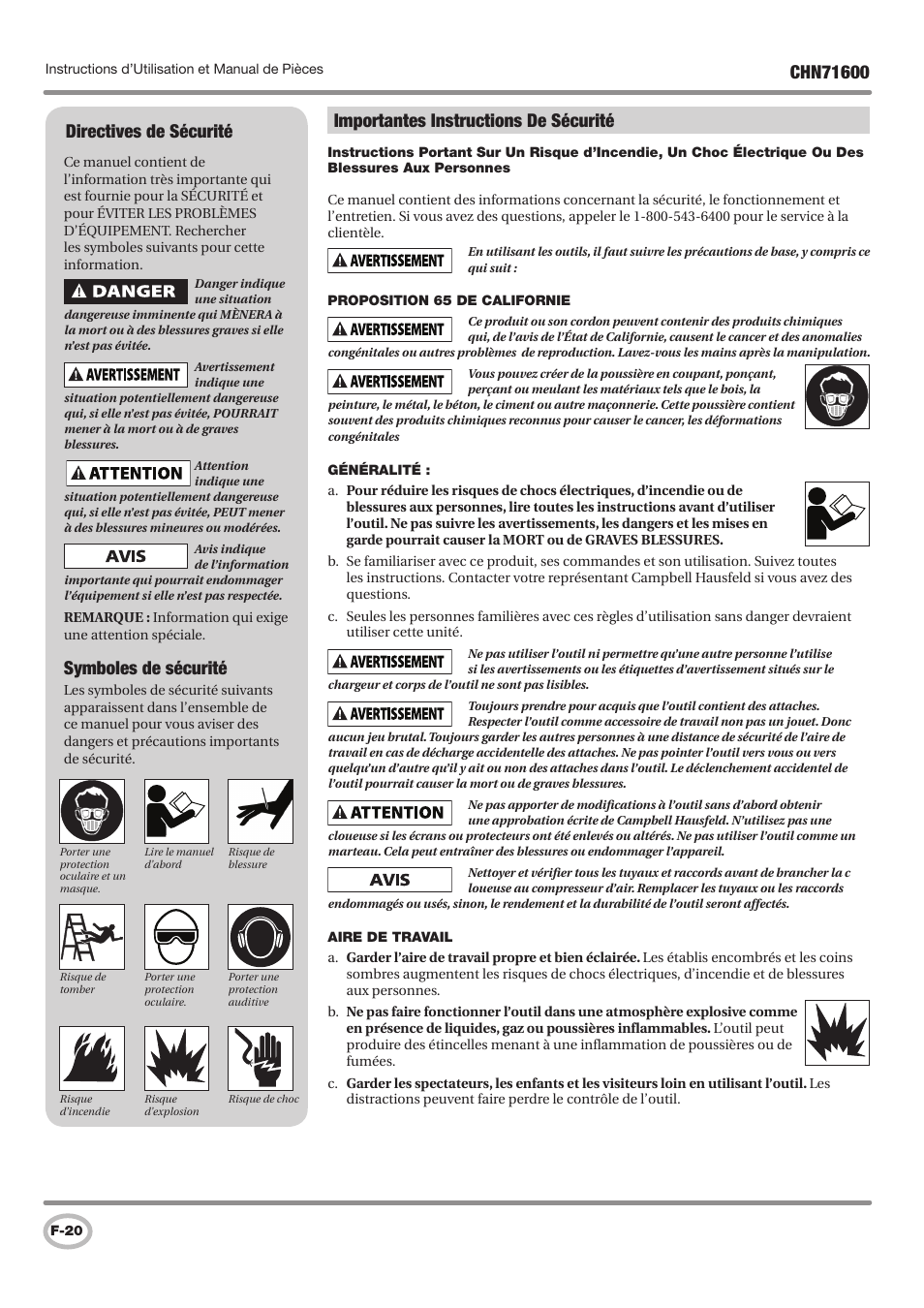 Importantes instructions de sécurité, Directives de sécurité, Symboles de sécurité | Campbell Hausfeld IN729800AV User Manual | Page 20 / 48