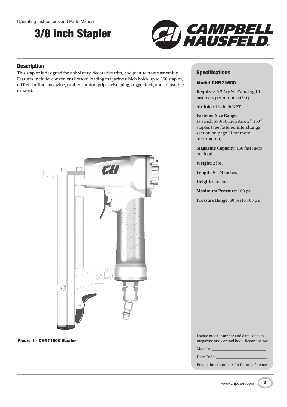 3/8 inch stapler, Description, Specifications | Campbell Hausfeld IN729800AV User Manual | Page 3 / 48