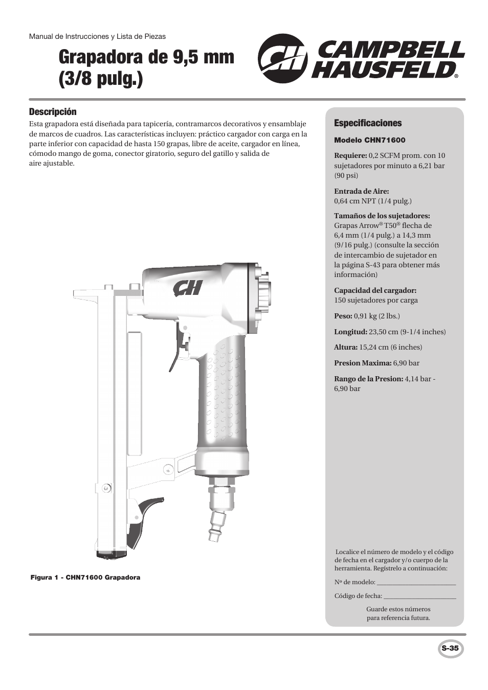 Grapadora de 9,5 mm (3/8 pulg.), Descripción, Especificaciones | Campbell Hausfeld IN729800AV User Manual | Page 35 / 48