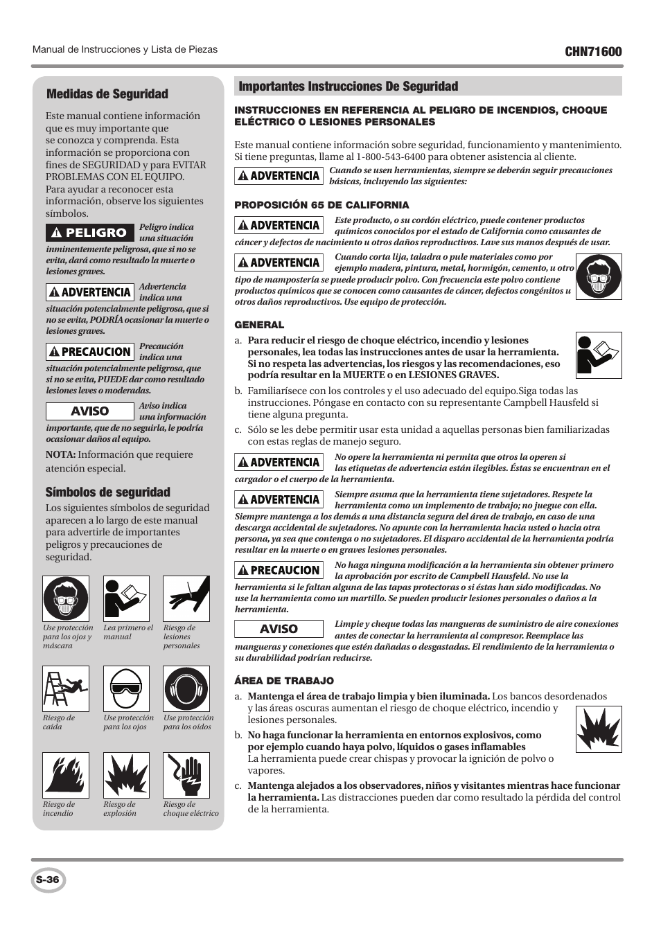 Importantes instrucciones de seguridad, Medidas de seguridad, Símbolos de seguridad | Campbell Hausfeld IN729800AV User Manual | Page 36 / 48