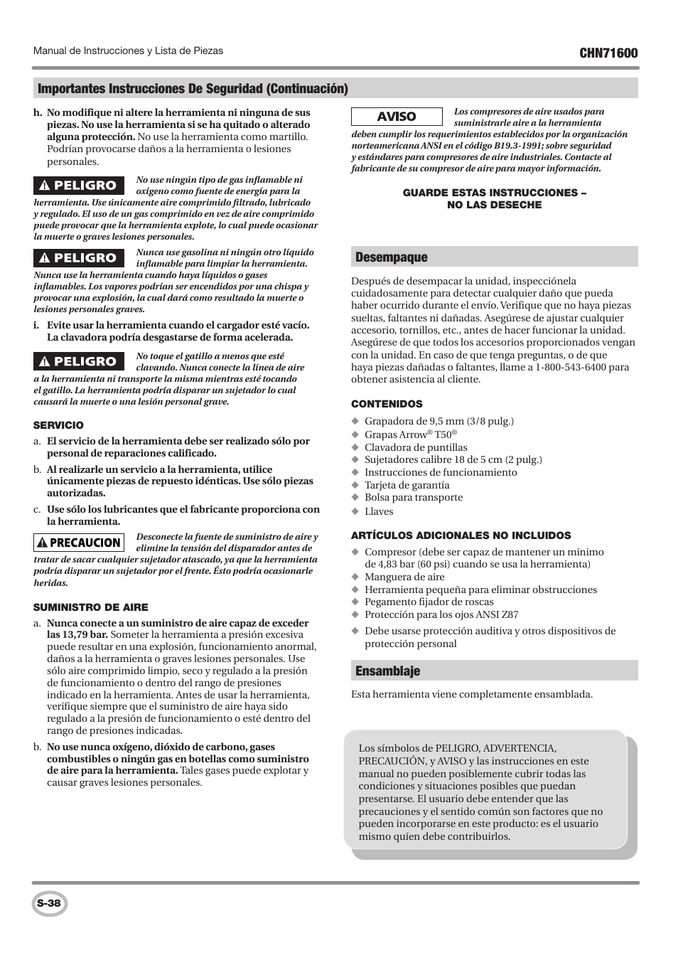 Desempaque, Ensamblaje | Campbell Hausfeld IN729800AV User Manual | Page 38 / 48