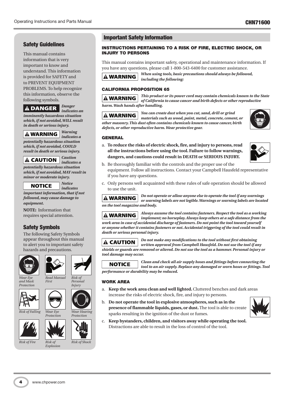 Safety guidelines, Safety symbols, Important safety information | Campbell Hausfeld IN729800AV User Manual | Page 4 / 48