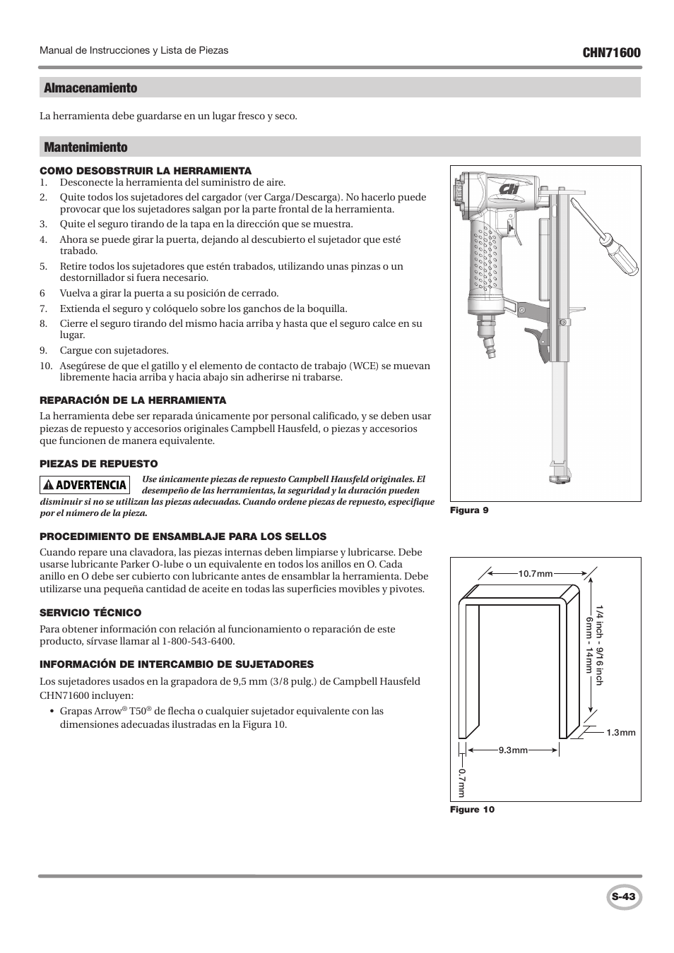 Mantenimiento, Almacenamiento | Campbell Hausfeld IN729800AV User Manual | Page 43 / 48