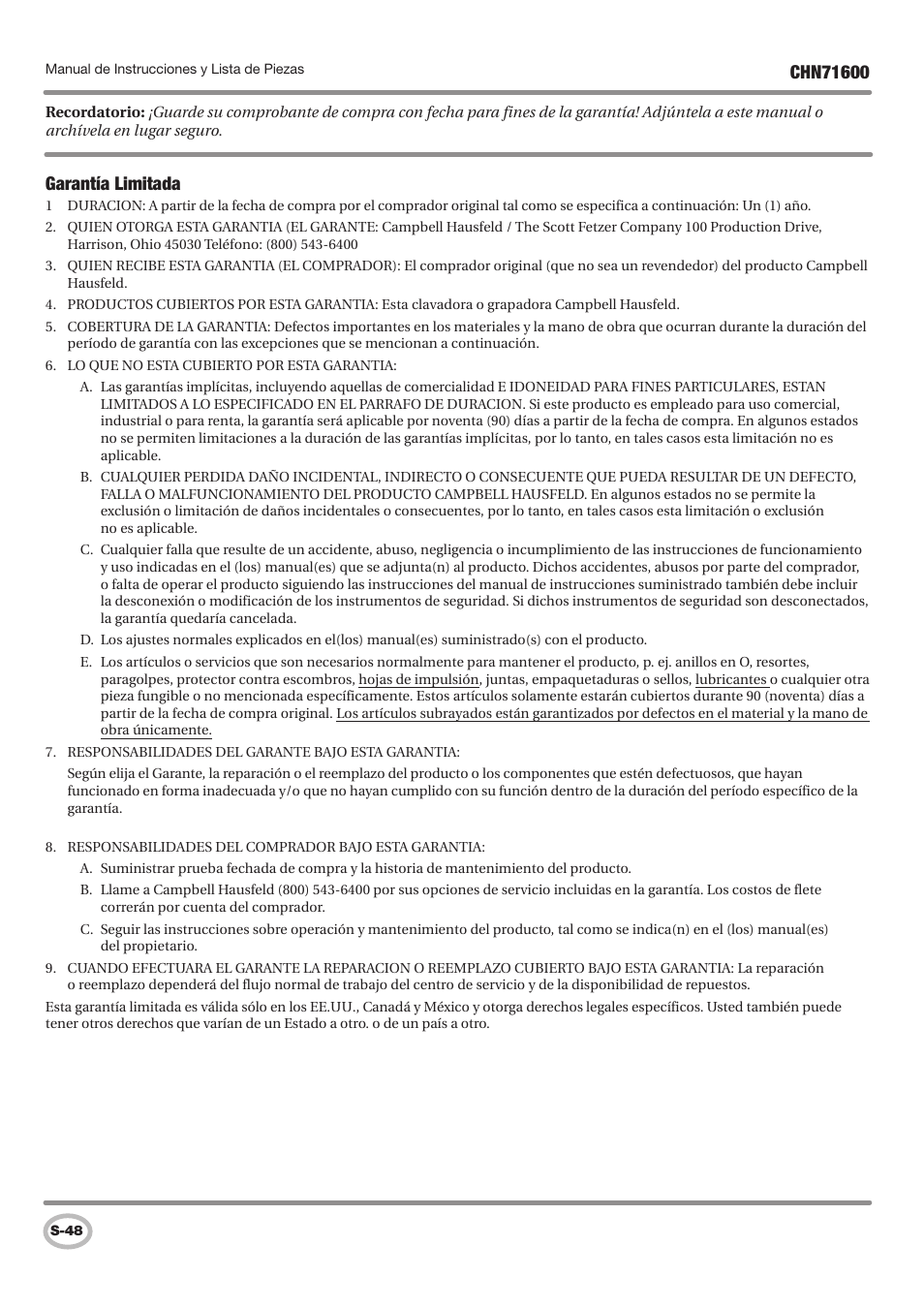 Garantía limitada | Campbell Hausfeld IN729800AV User Manual | Page 48 / 48