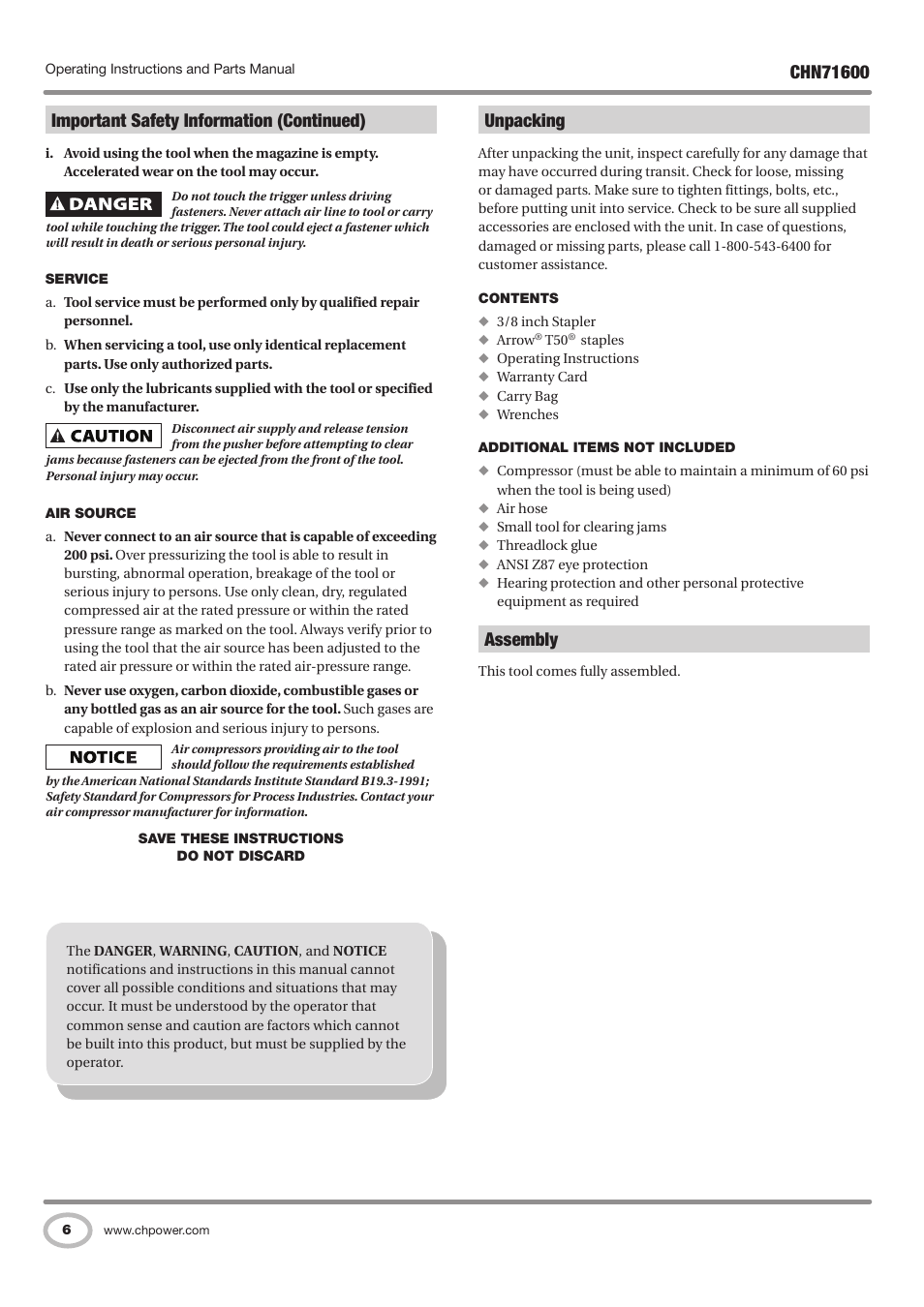 Important safety information (continued) unpacking, Assembly | Campbell Hausfeld IN729800AV User Manual | Page 6 / 48