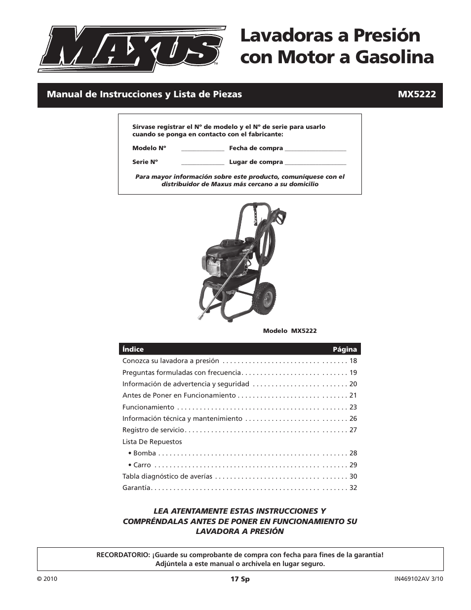 Lavadoras a presión con motor a gasolina | Campbell Hausfeld IN469102AV User Manual | Page 17 / 32