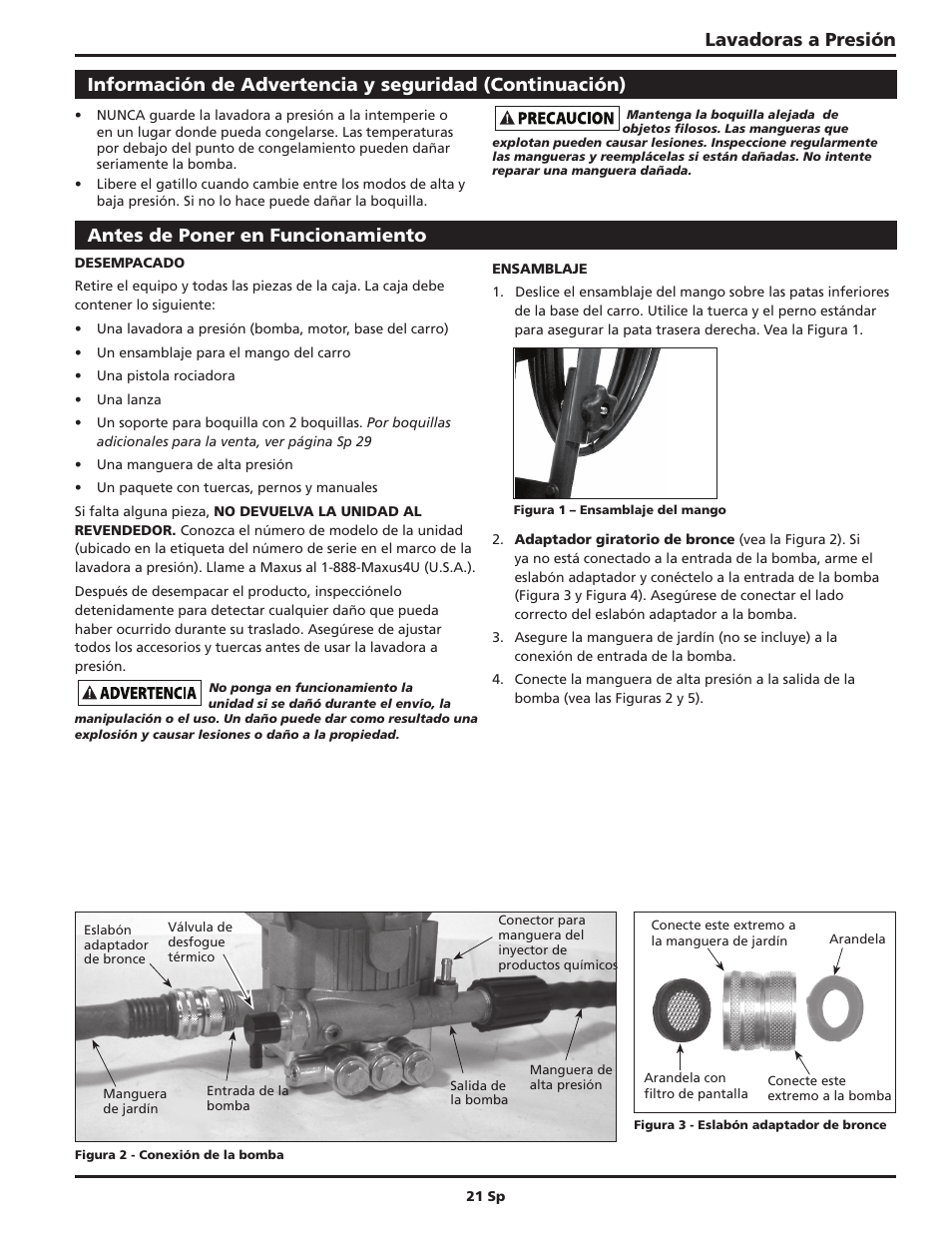 Lavadoras a presión, Antes de poner en funcionamiento | Campbell Hausfeld IN469102AV User Manual | Page 21 / 32