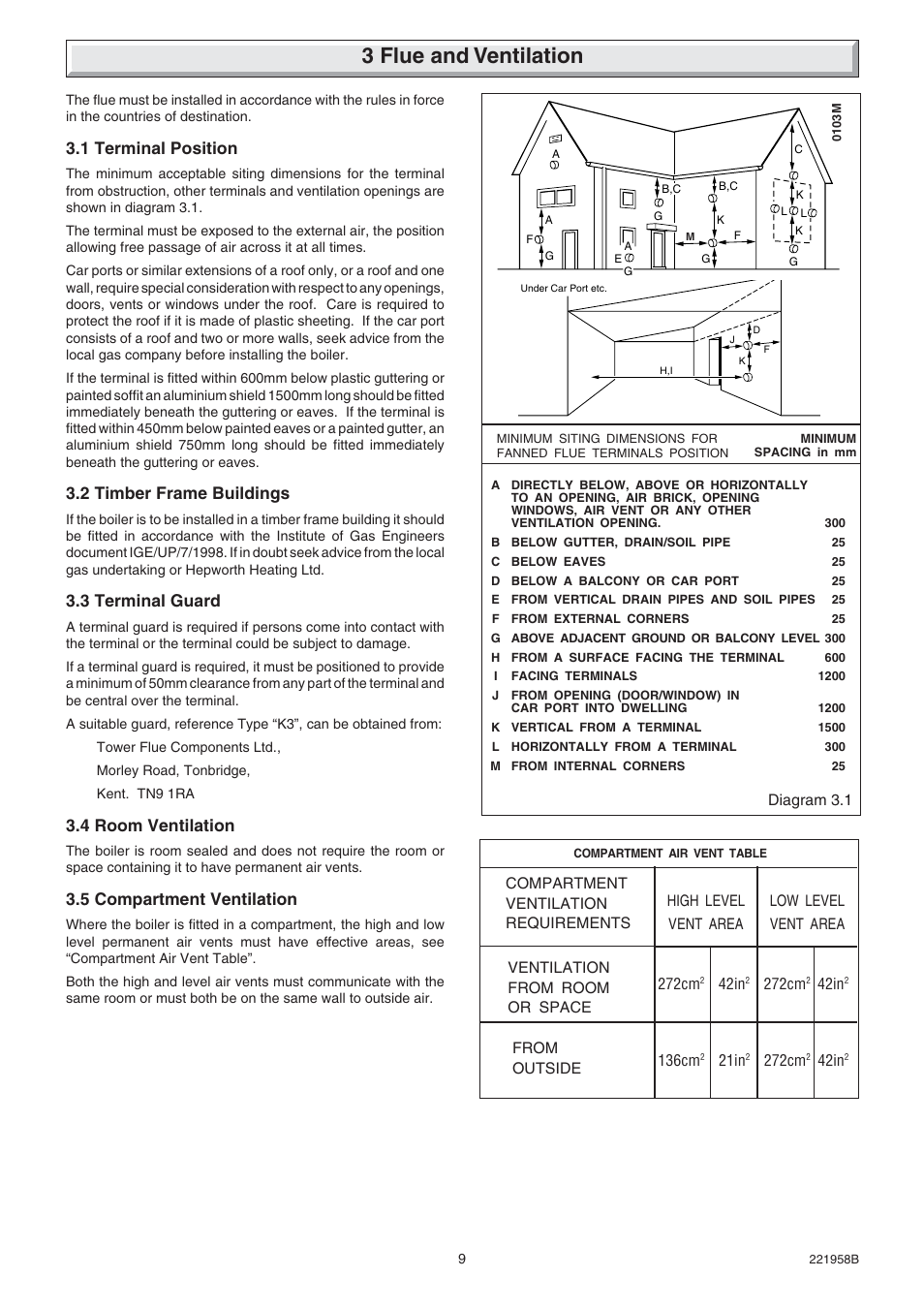 3 flue and ventilation, 1 terminal position, 2 timber frame buildings | 3 terminal guard, 4 room ventilation, 5 compartment ventilation | Glow-worm Hideaway 80BFF User Manual | Page 9 / 28