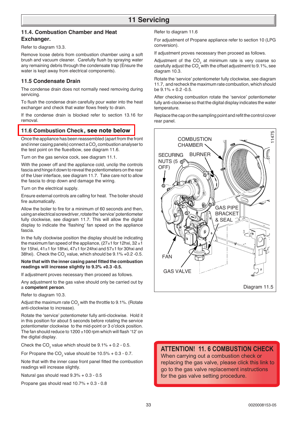 11 servicing, Attention! 11. 6 combustion check | Glow-worm hxi and Gas Valve User Manual | Page 33 / 48