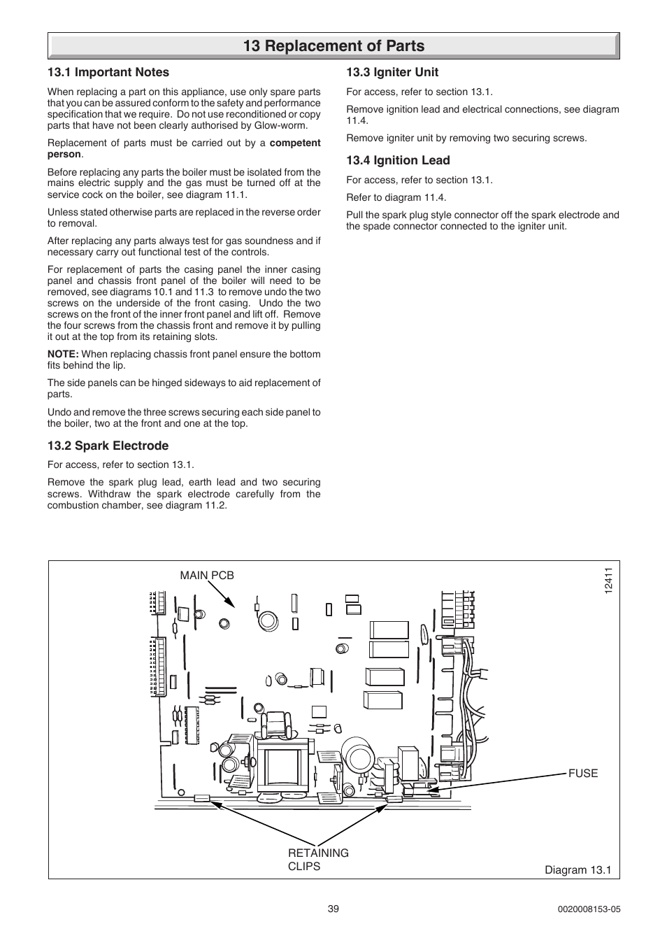 13 replacement of parts | Glow-worm hxi and Gas Valve User Manual | Page 39 / 48