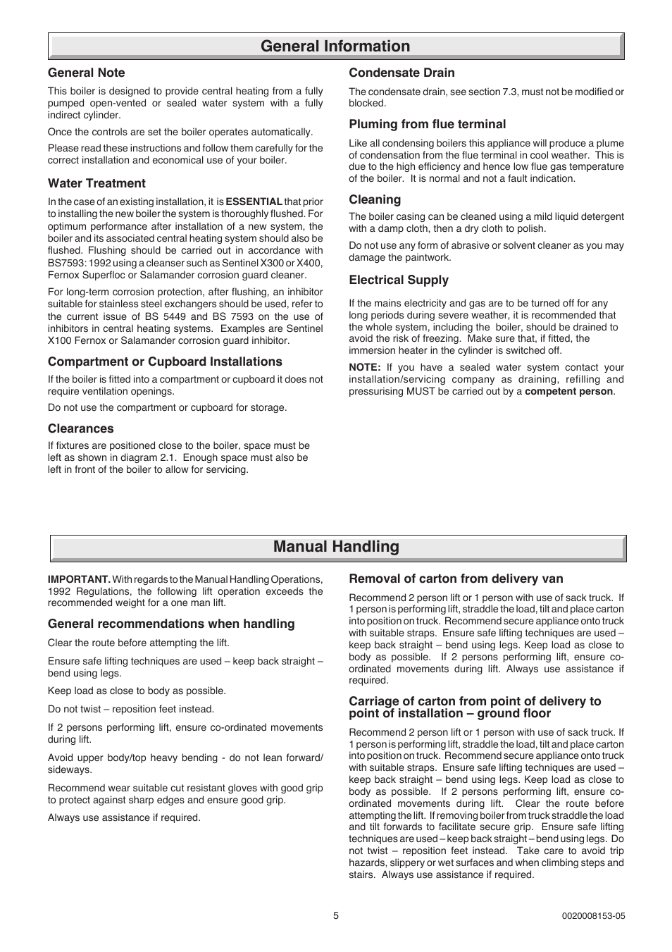 General information, Manual handling | Glow-worm hxi and Gas Valve User Manual | Page 5 / 48