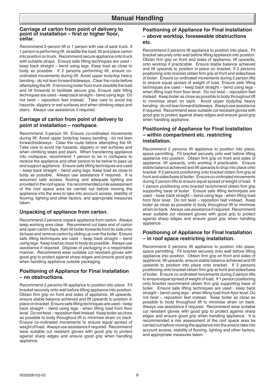 Manual handling | Glow-worm hxi and Gas Valve User Manual | Page 6 / 48