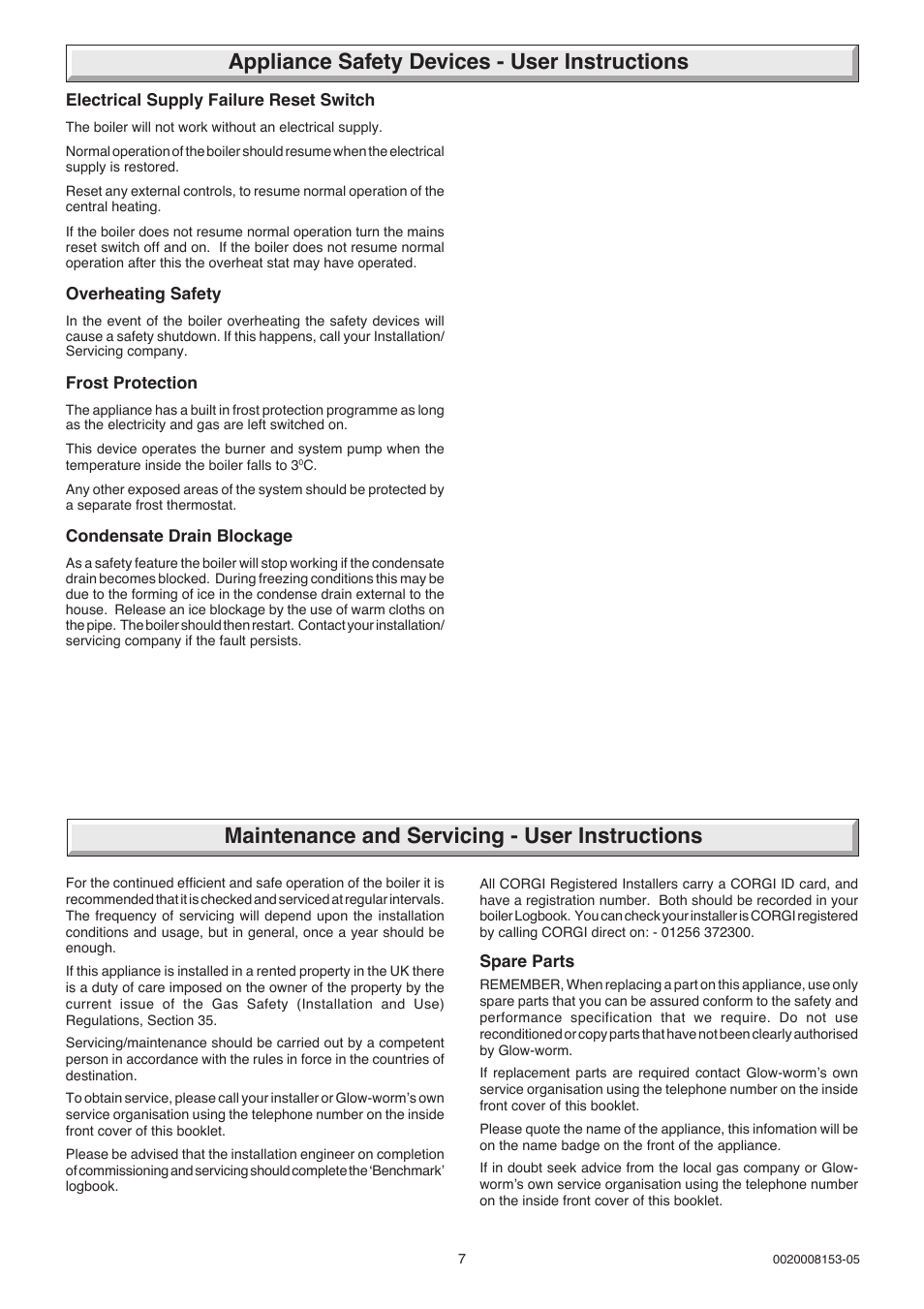 Appliance safety devices - user instructions, Maintenance and servicing - user instructions | Glow-worm hxi and Gas Valve User Manual | Page 7 / 48