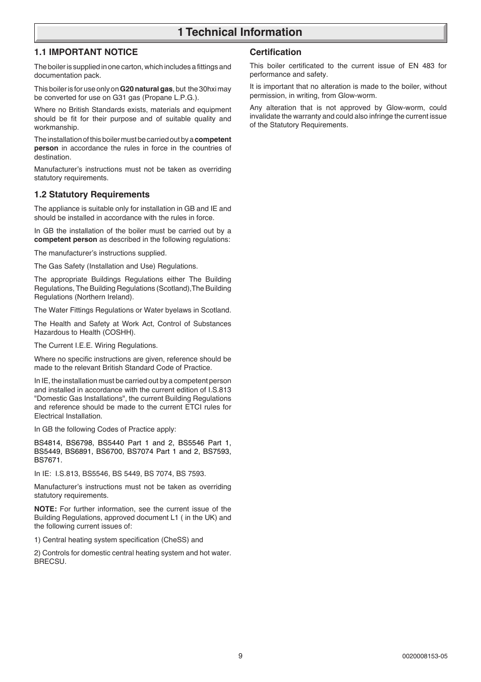 1 technical information | Glow-worm hxi and Gas Valve User Manual | Page 9 / 48