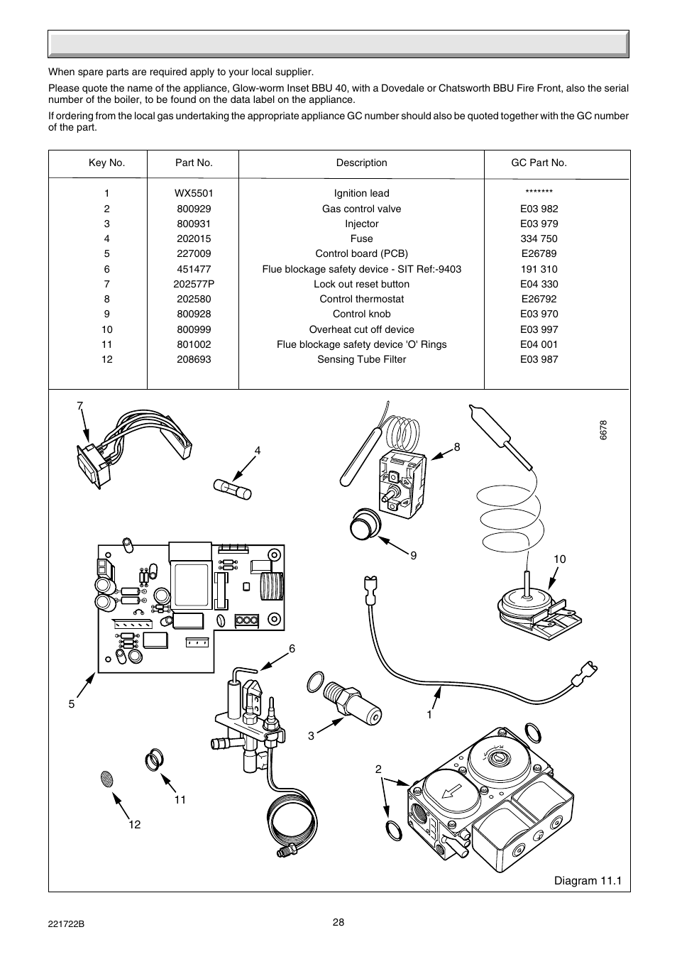11 spare parts | Glow-worm Inset 40BBU User Manual | Page 28 / 28