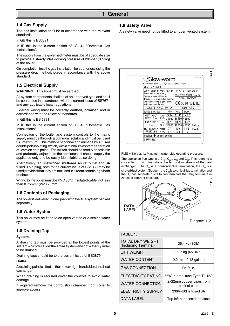 1 general, 9 safety valve, 4 gas supply | 5 electrical supply, 6 contents of packaging, 8 water system, 8 draining tap | Glow-worm Micron 40FF User Manual | Page 5 / 28