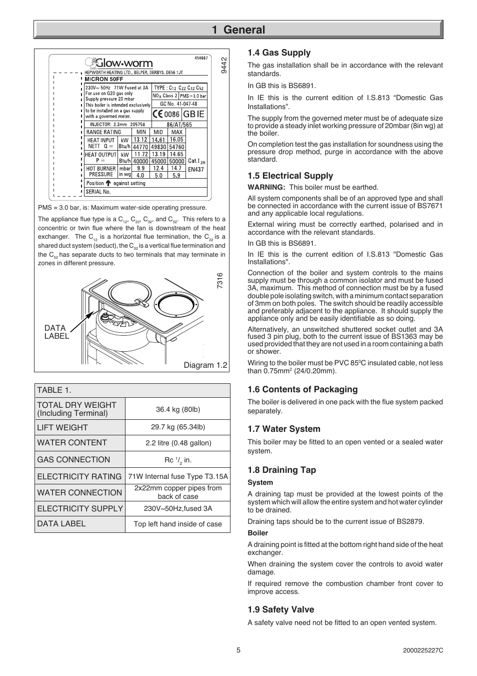 1 general, 4 gas supply, 5 electrical supply | 6 contents of packaging, 7 water system, 8 draining tap, 9 safety valve | Glow-worm Micron 50FF User Manual | Page 5 / 28