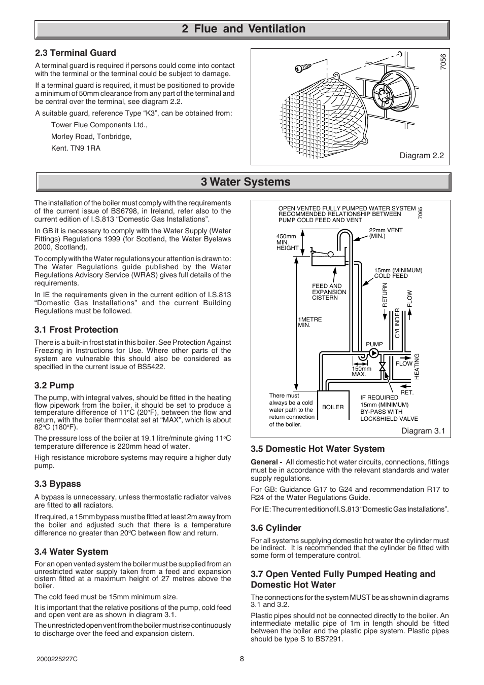 2 flue and ventilation, 3 water systems, 3 terminal guard | 5 domestic hot water system, 6 cylinder, 1 frost protection, 2 pump, 3 bypass, 4 water system | Glow-worm Micron 50FF User Manual | Page 8 / 28