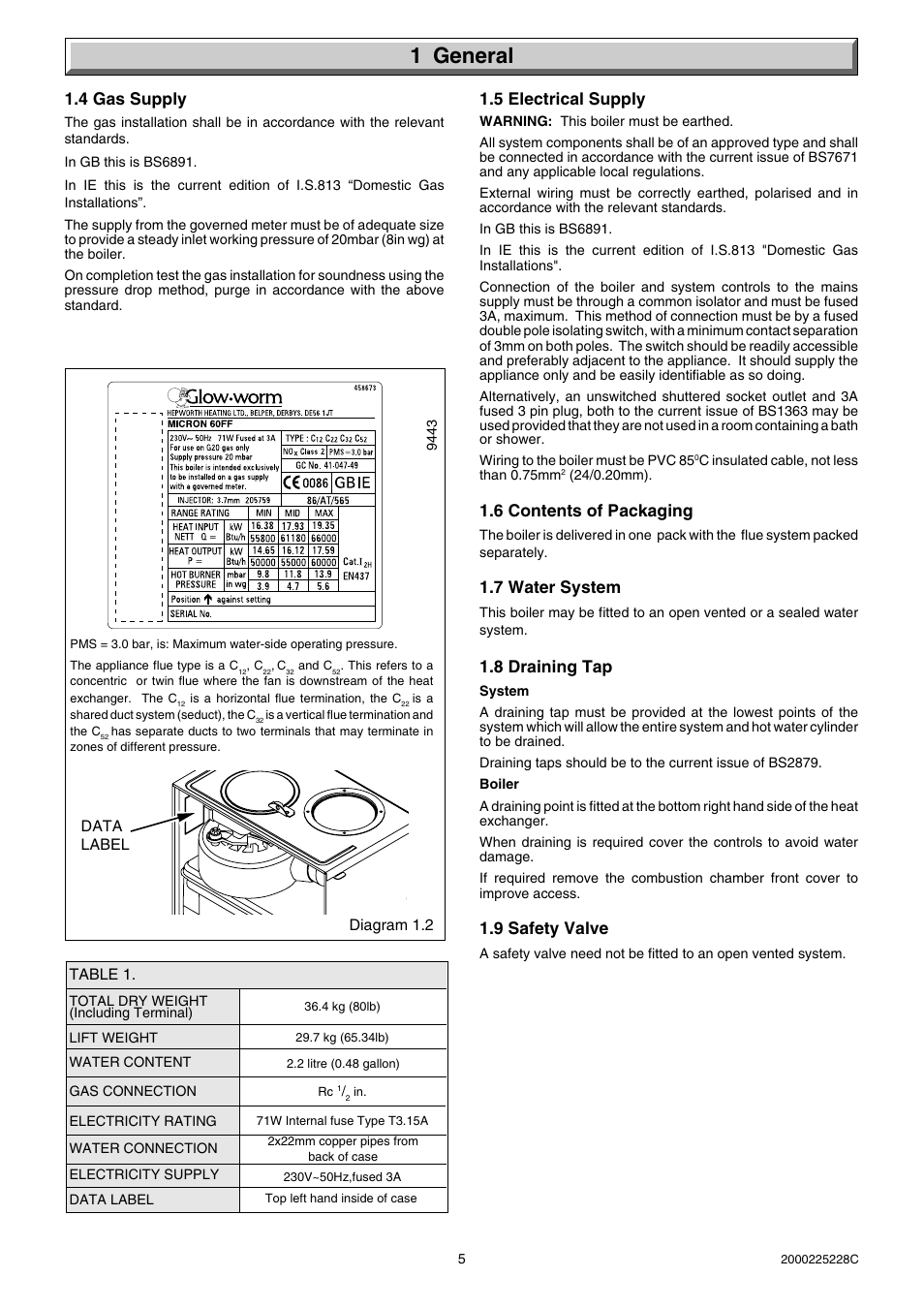 1 general, 4 gas supply, 5 electrical supply | 6 contents of packaging, 7 water system, 8 draining tap, 9 safety valve, Diagram 1.2, Data label, Table 1 | Glow-worm Micron 60FF User Manual | Page 5 / 28