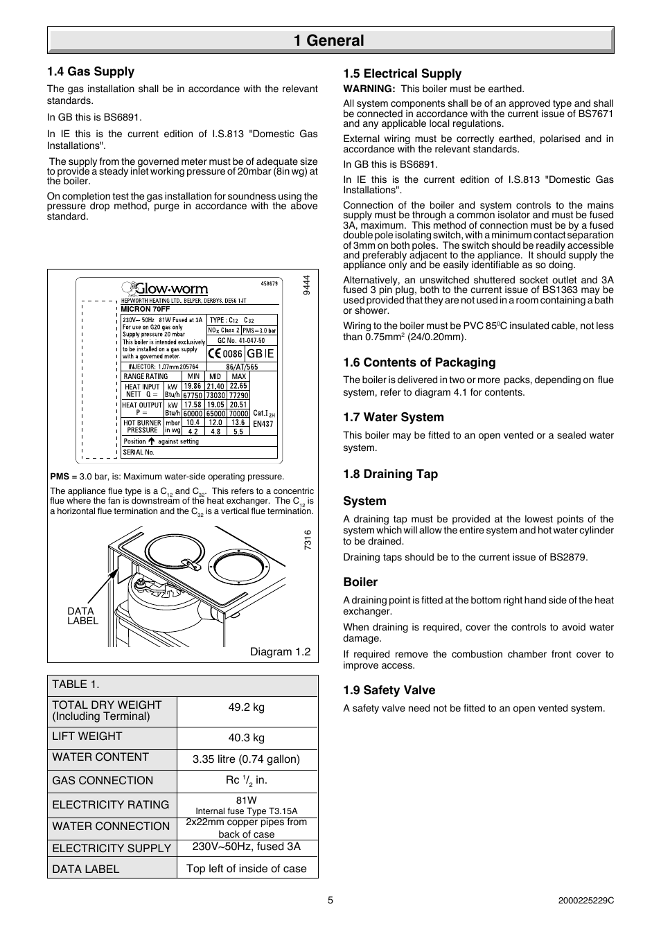 1 general, 4 gas supply, 5 electrical supply | 6 contents of packaging, 7 water system, 8 draining tap system, Boiler, 9 safety valve | Glow-worm Micron 70FF User Manual | Page 5 / 28