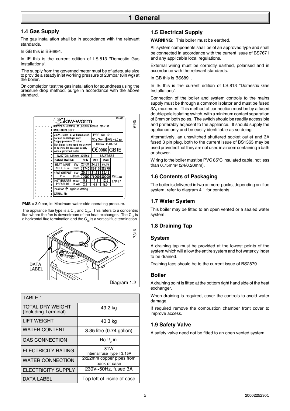 1 general, 4 gas supply, 5 electrical supply | 6 contents of packaging, 7 water system, 8 draining tap system, Boiler, 9 safety valve | Glow-worm Micron 80FF User Manual | Page 5 / 28
