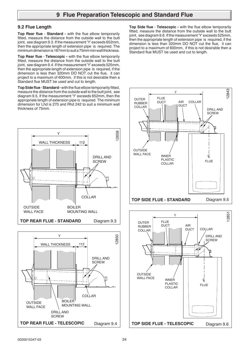 9 flue preparation telescopic and standard flue, 2 flue length | Glow-worm sxi and Gas Valve User Manual | Page 24 / 52