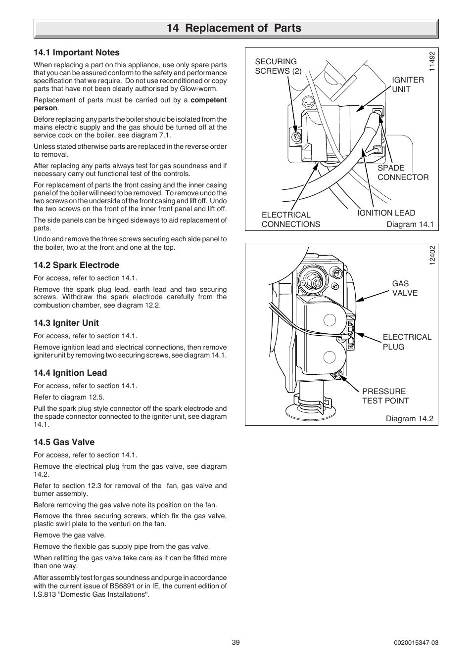 14 replacement of parts | Glow-worm sxi and Gas Valve User Manual | Page 39 / 52