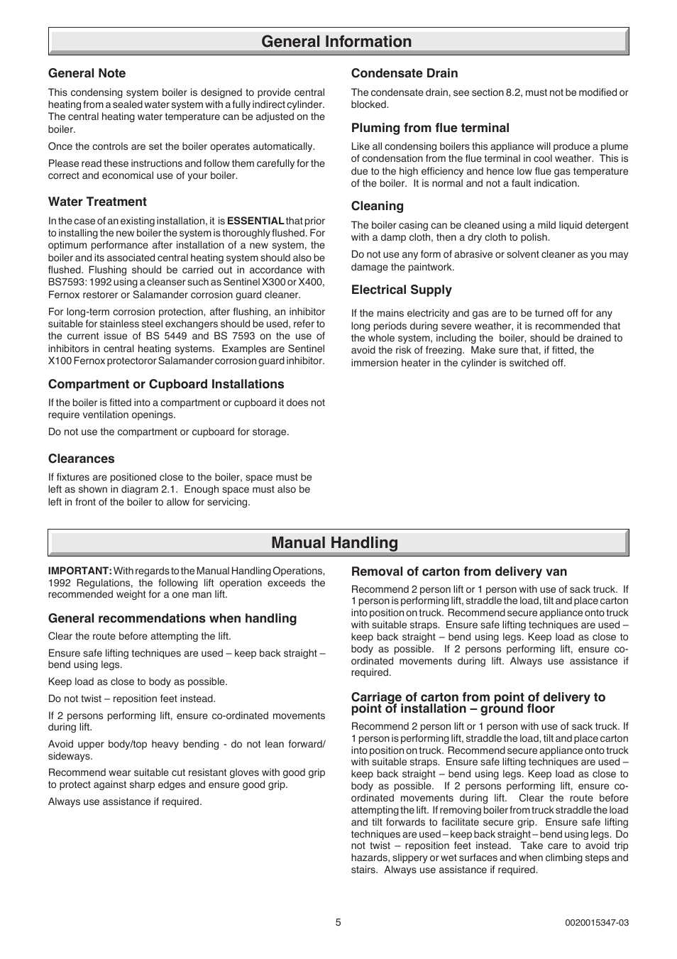 General information, Manual handling | Glow-worm sxi and Gas Valve User Manual | Page 5 / 52