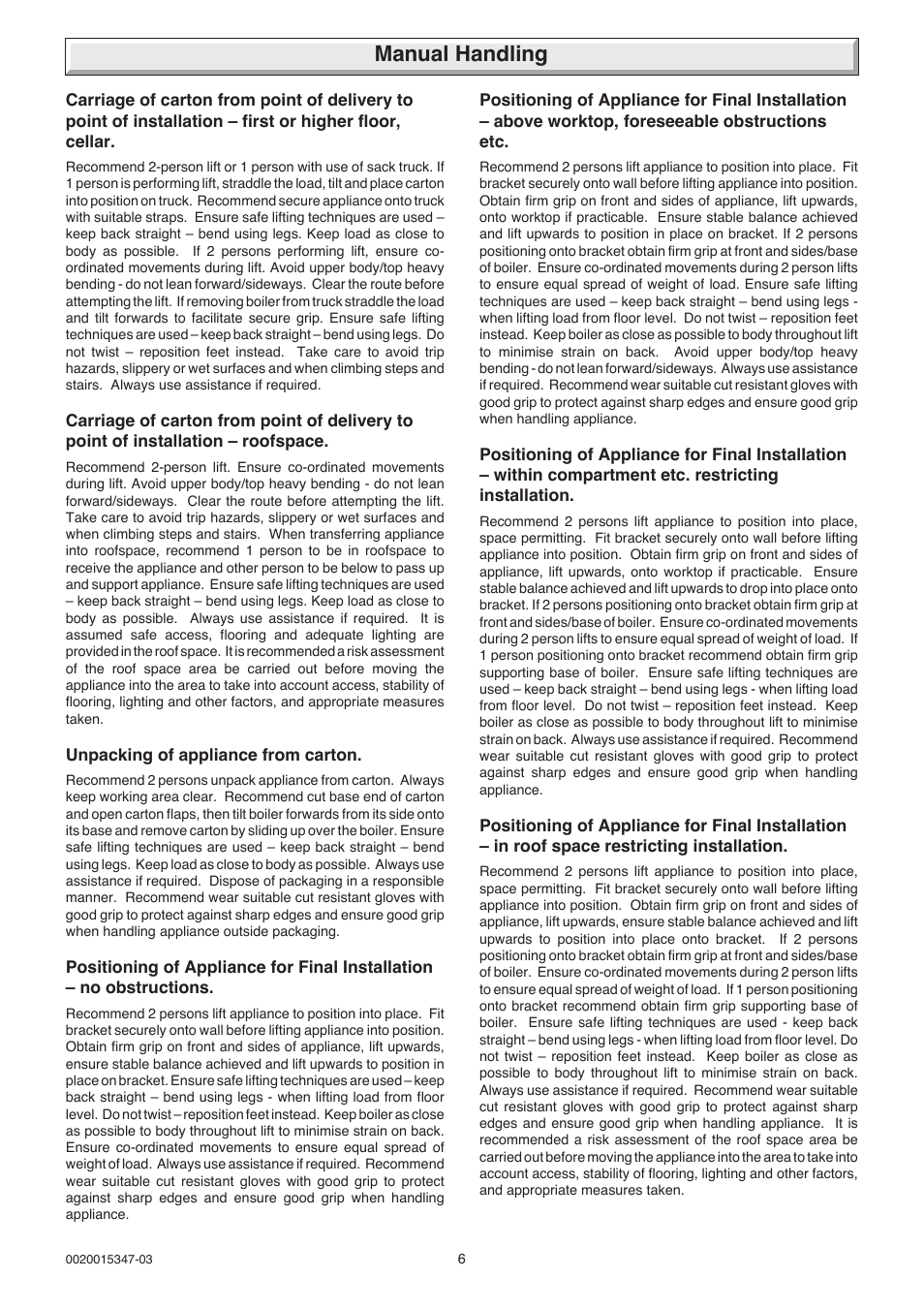 Manual handling | Glow-worm sxi and Gas Valve User Manual | Page 6 / 52