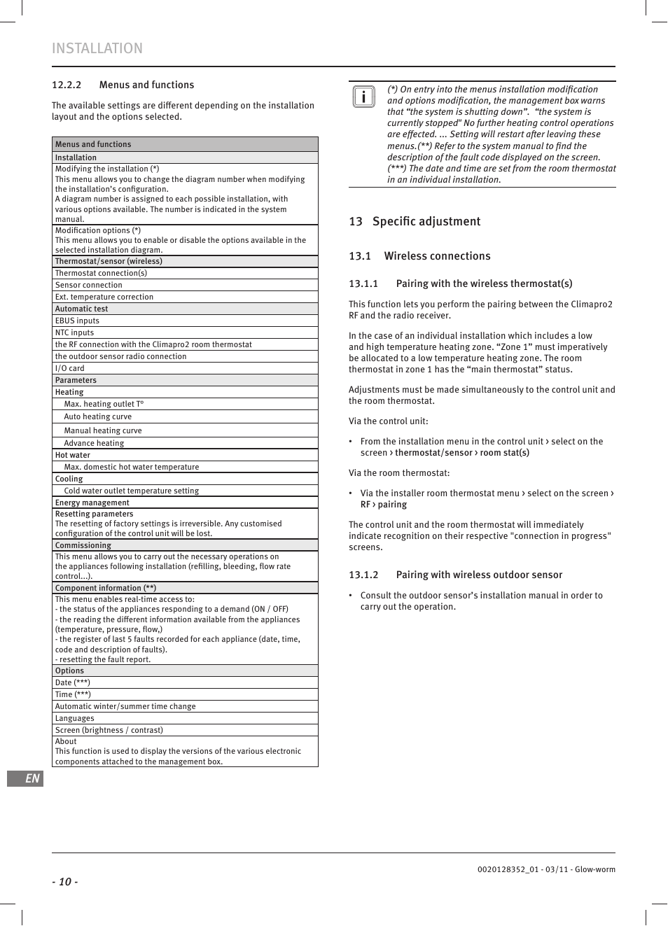 Installation, 13 specifi c adjustment | Glow-worm Systempro User Manual | Page 12 / 16