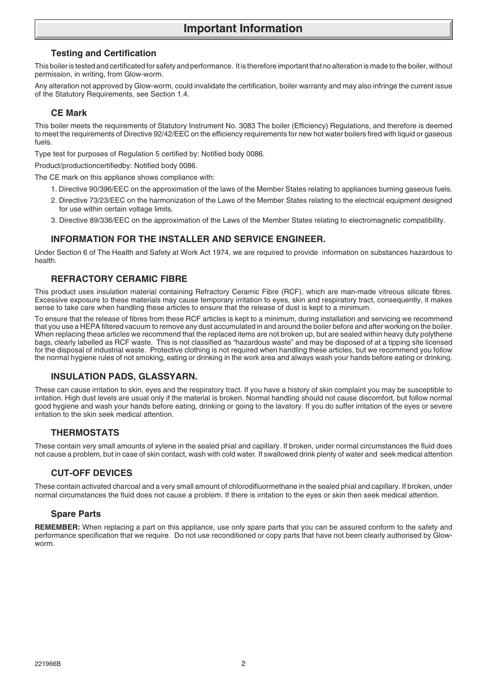 Important information | Glow-worm Ultimate 100FF User Manual | Page 2 / 36