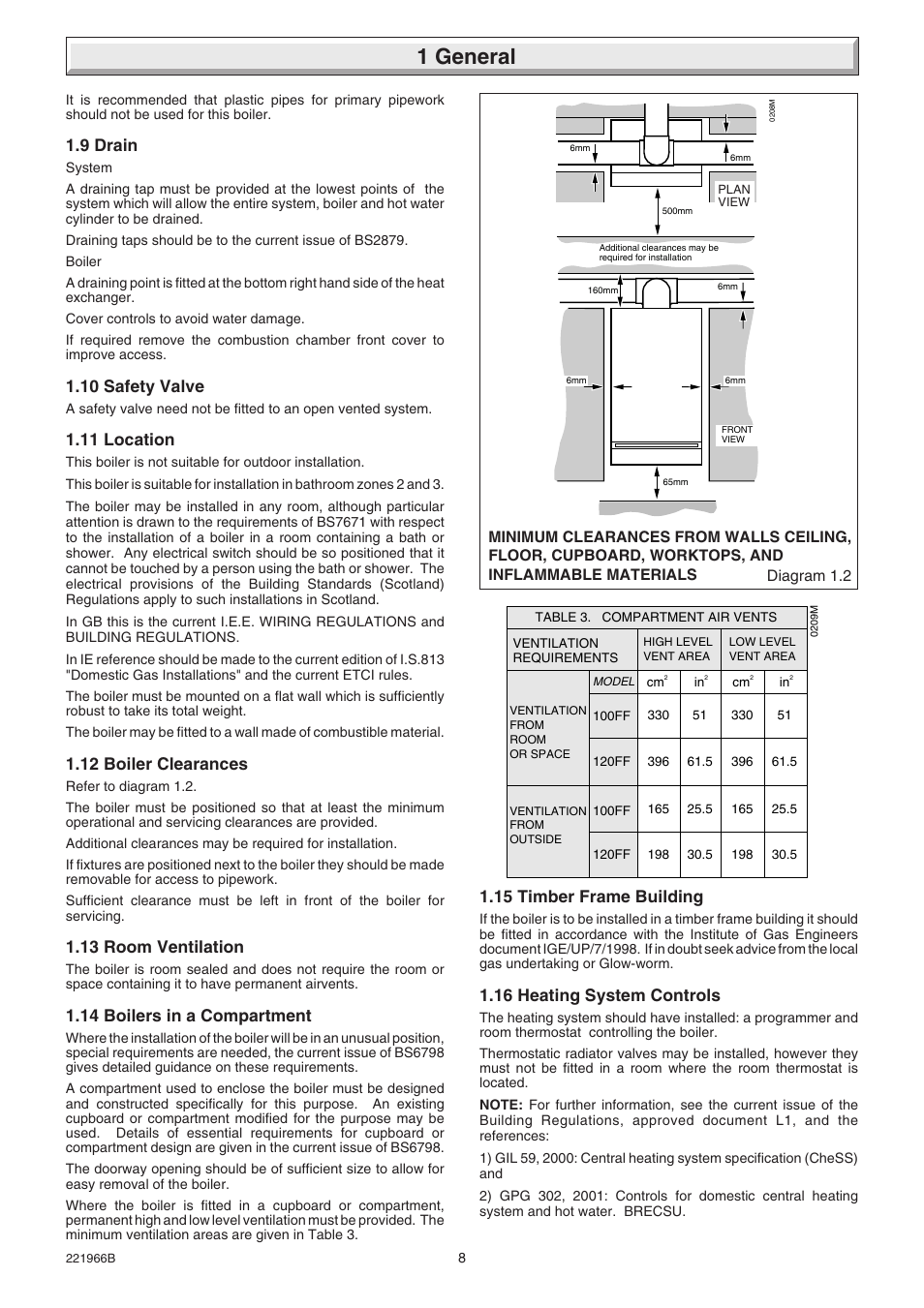 1 general, 9 drain, 10 safety valve | 11 location, 12 boiler clearances, 13 room ventilation, 14 boilers in a compartment, 15 timber frame building, 16 heating system controls | Glow-worm Ultimate 100FF User Manual | Page 8 / 36