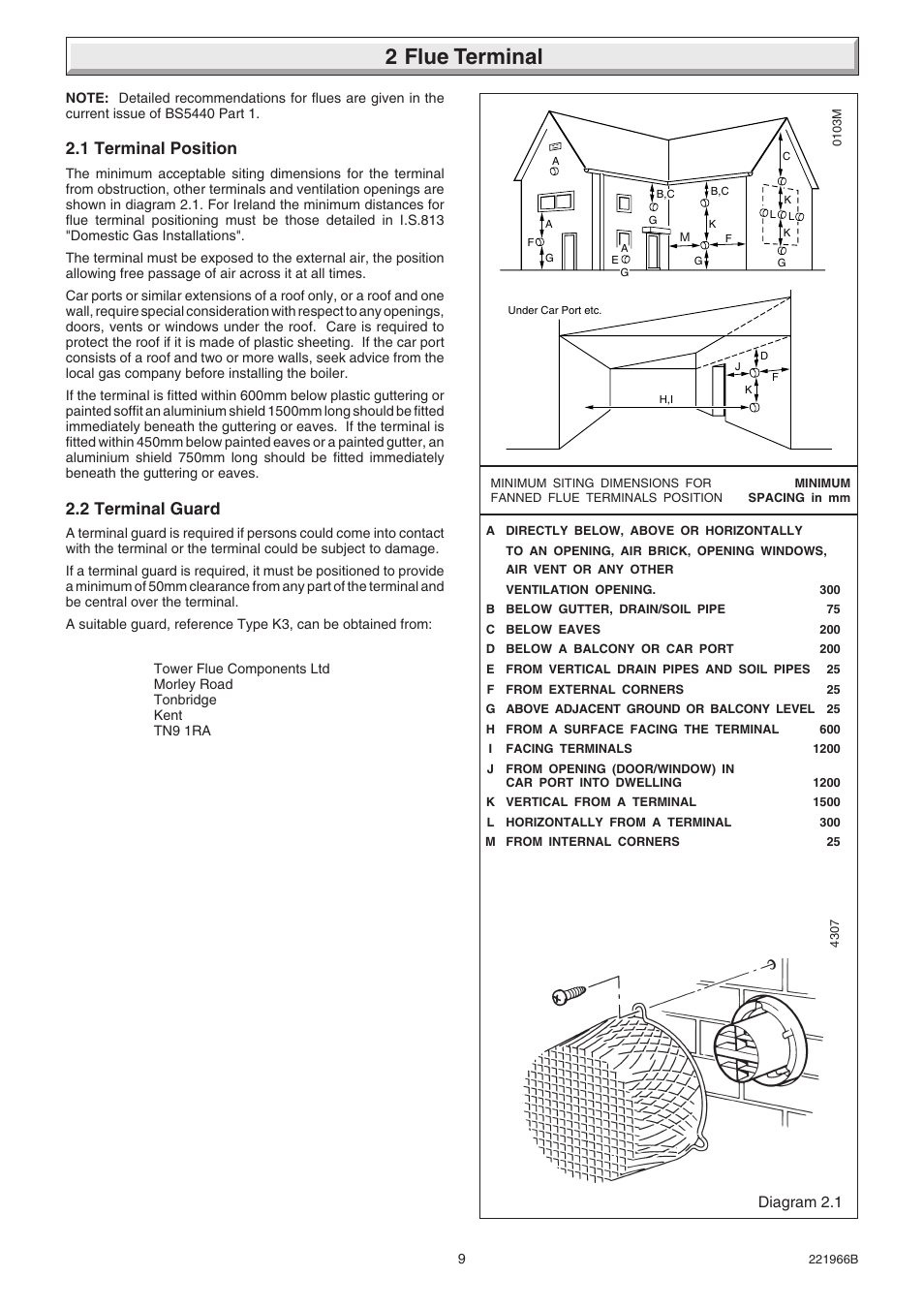2 flue terminal, 1 terminal position, 2 terminal guard | Diagram 2.1 | Glow-worm Ultimate 100FF User Manual | Page 9 / 36