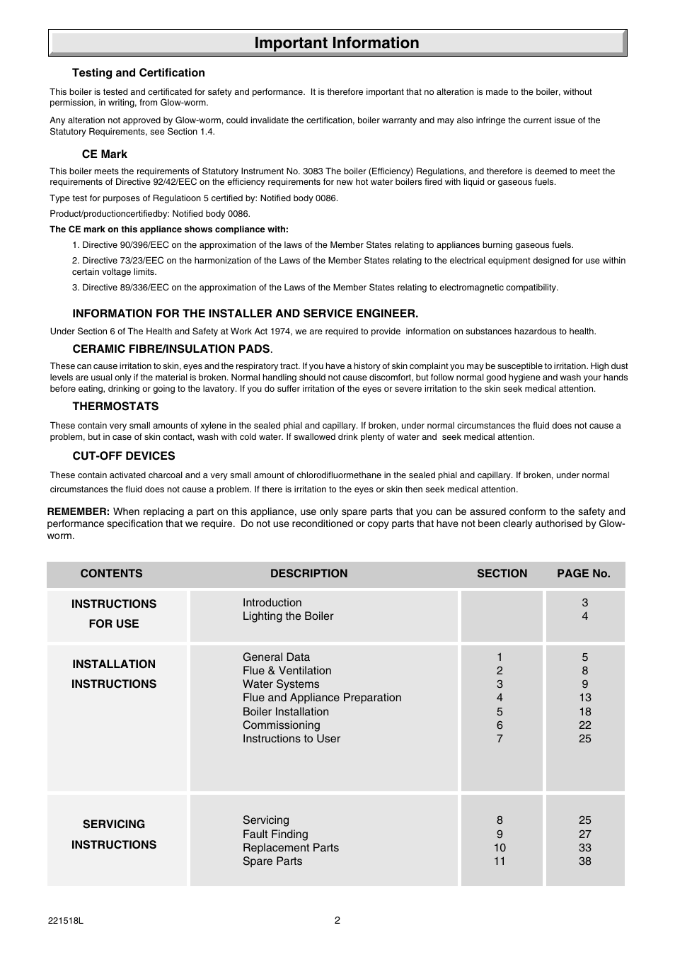 Important information | Glow-worm Ultimate 30FF User Manual | Page 2 / 40