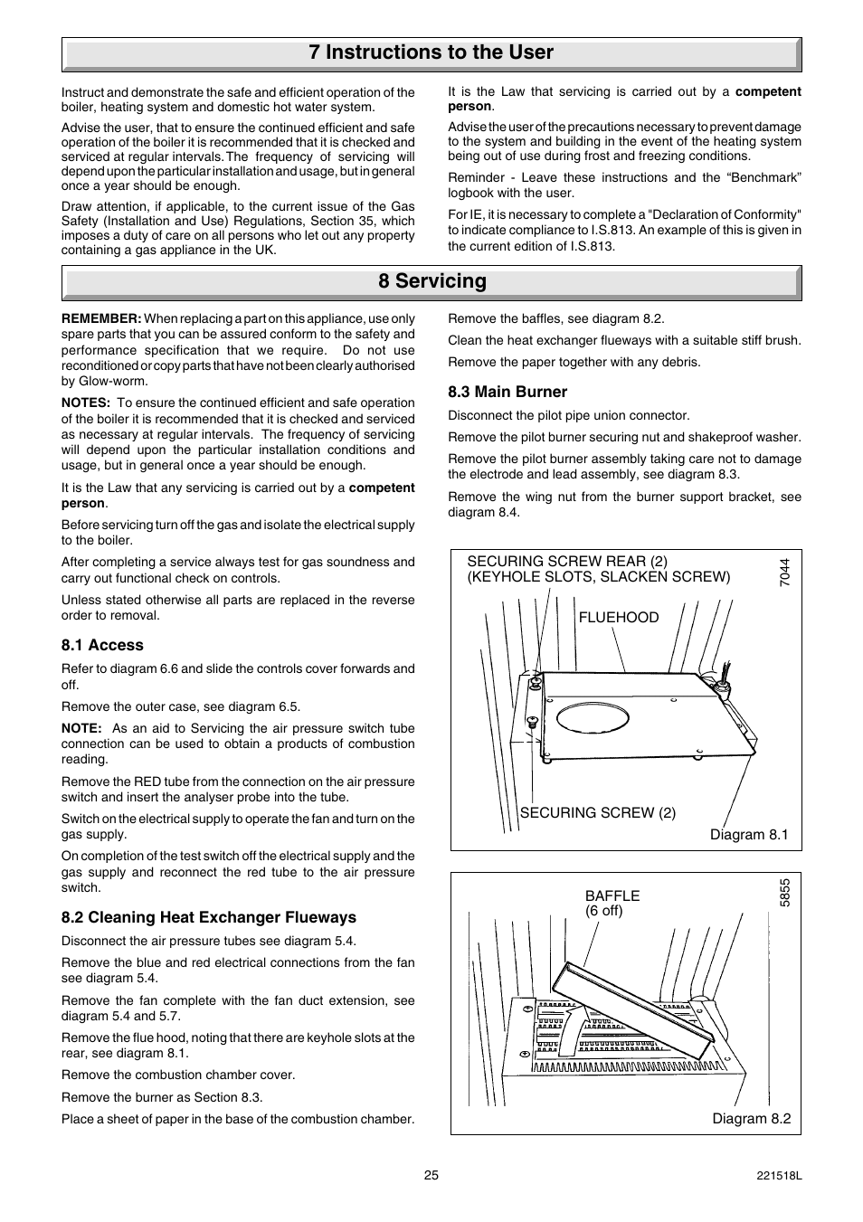 7 instructions to the user, 8 servicing | Glow-worm Ultimate 30FF User Manual | Page 25 / 40