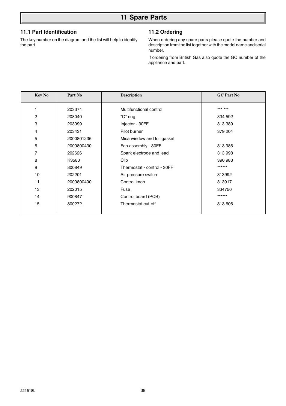 11 spare parts | Glow-worm Ultimate 30FF User Manual | Page 38 / 40