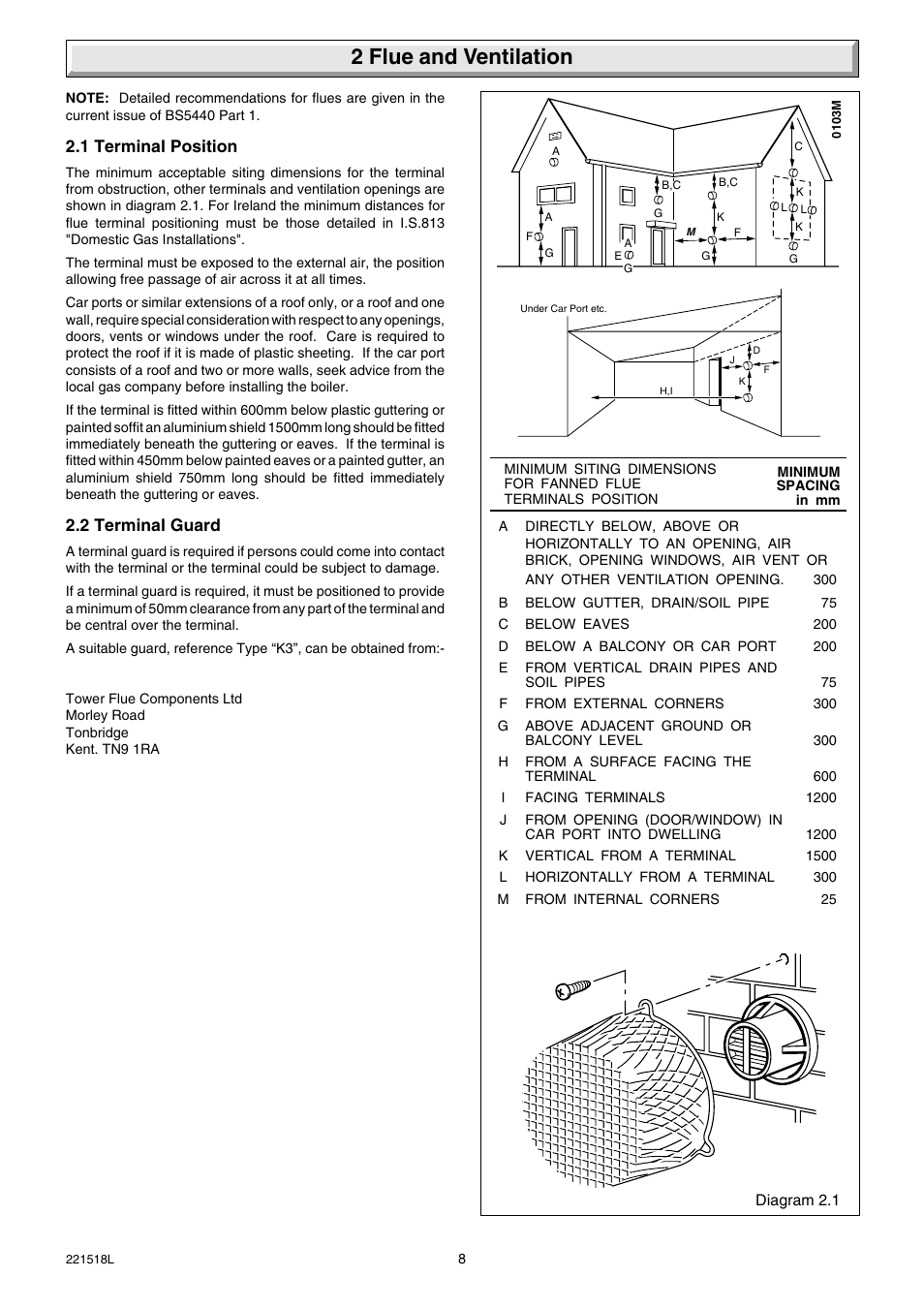 2 flue and ventilation, 1 terminal position, 2 terminal guard | Glow-worm Ultimate 30FF User Manual | Page 8 / 40
