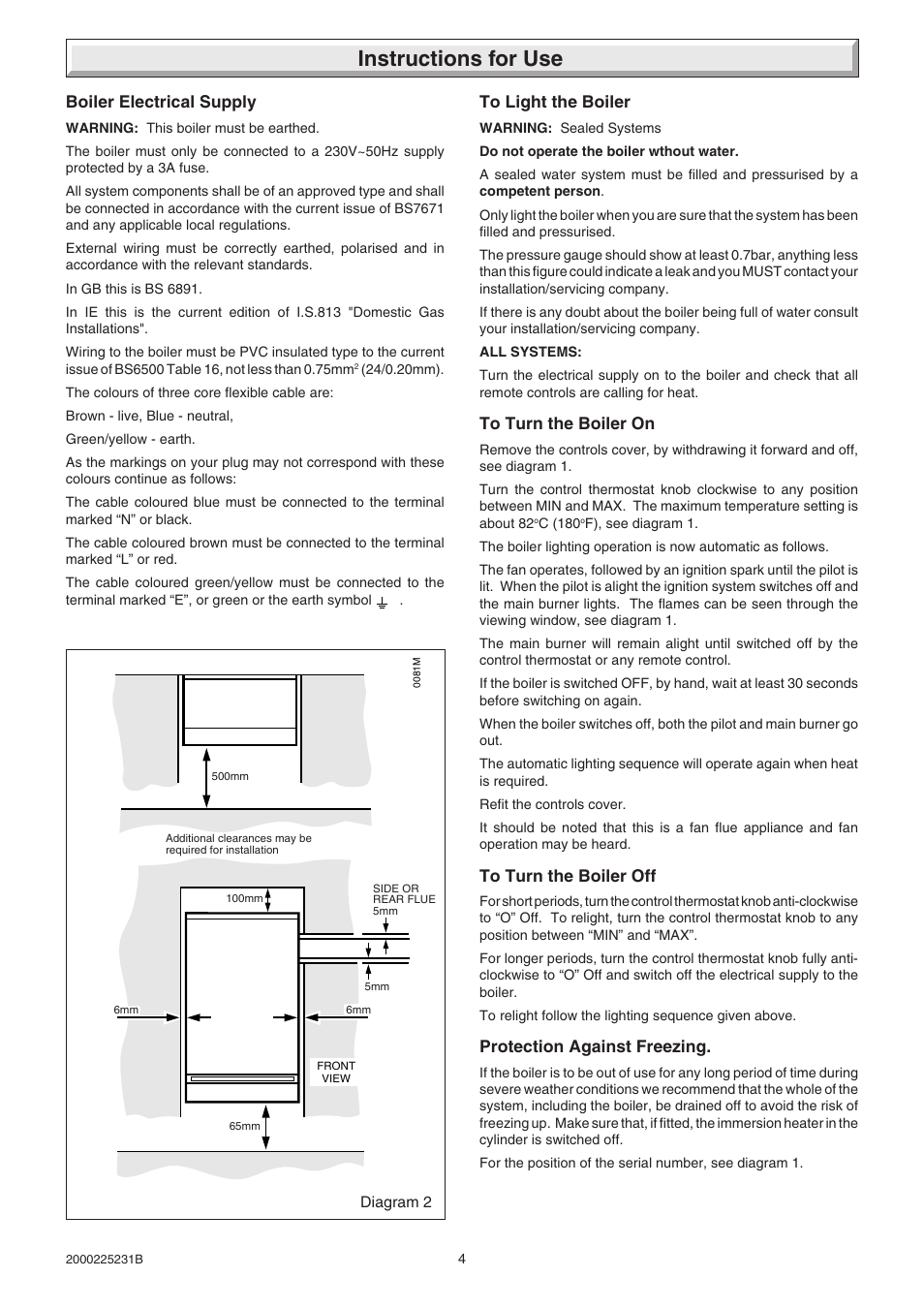 Instructions for use, Boiler electrical supply, Protection against freezing | Glow-worm Ultimate 40FF User Manual | Page 4 / 40