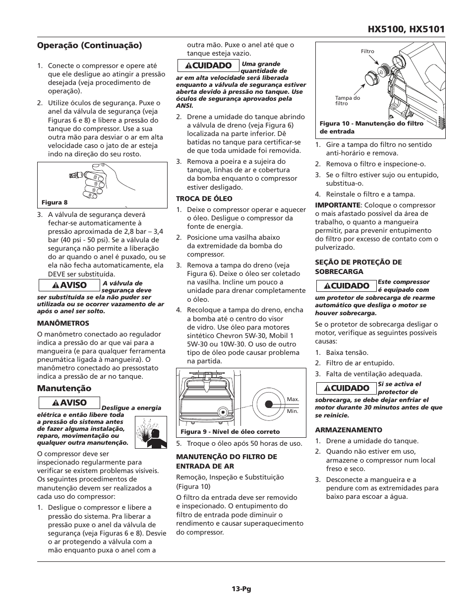 Operação (continuação), Manutenção | Campbell Hausfeld HX5101 User Manual | Page 13 / 24