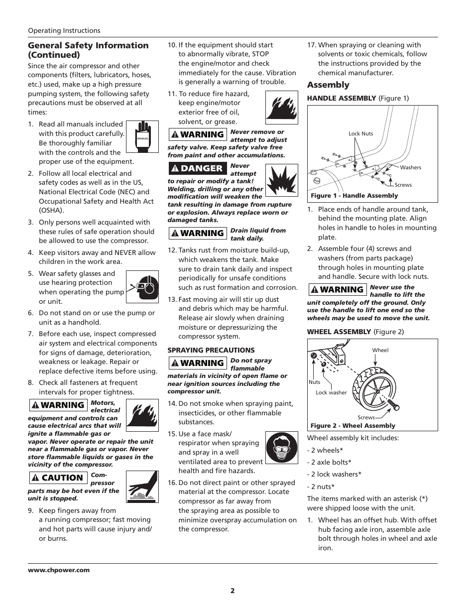 General safety information (continued), Assembly | Campbell Hausfeld HX5101 User Manual | Page 2 / 24