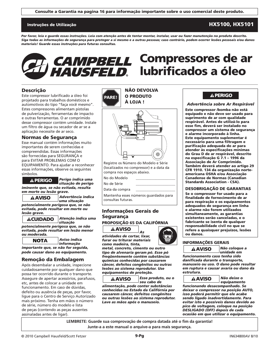 Compressores de ar lubrificados a óleo, Descrição, Normas de segurança | Remoção da embalagem, Informações gerais de segurança | Campbell Hausfeld HX5101 User Manual | Page 9 / 24