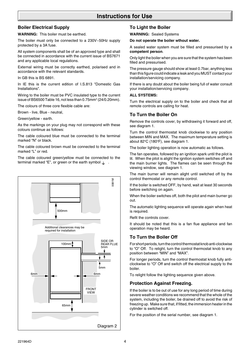 Instructions for use, Boiler electrical supply, Protection against freezing | Glow-worm Ultimate 60FF User Manual | Page 4 / 40