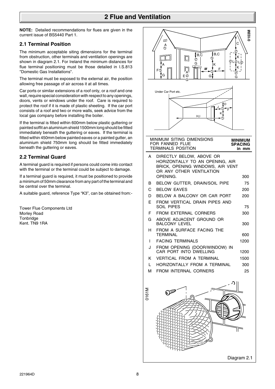 2 flue and ventilation, 1 terminal position, 2 terminal guard | Glow-worm Ultimate 60FF User Manual | Page 8 / 40